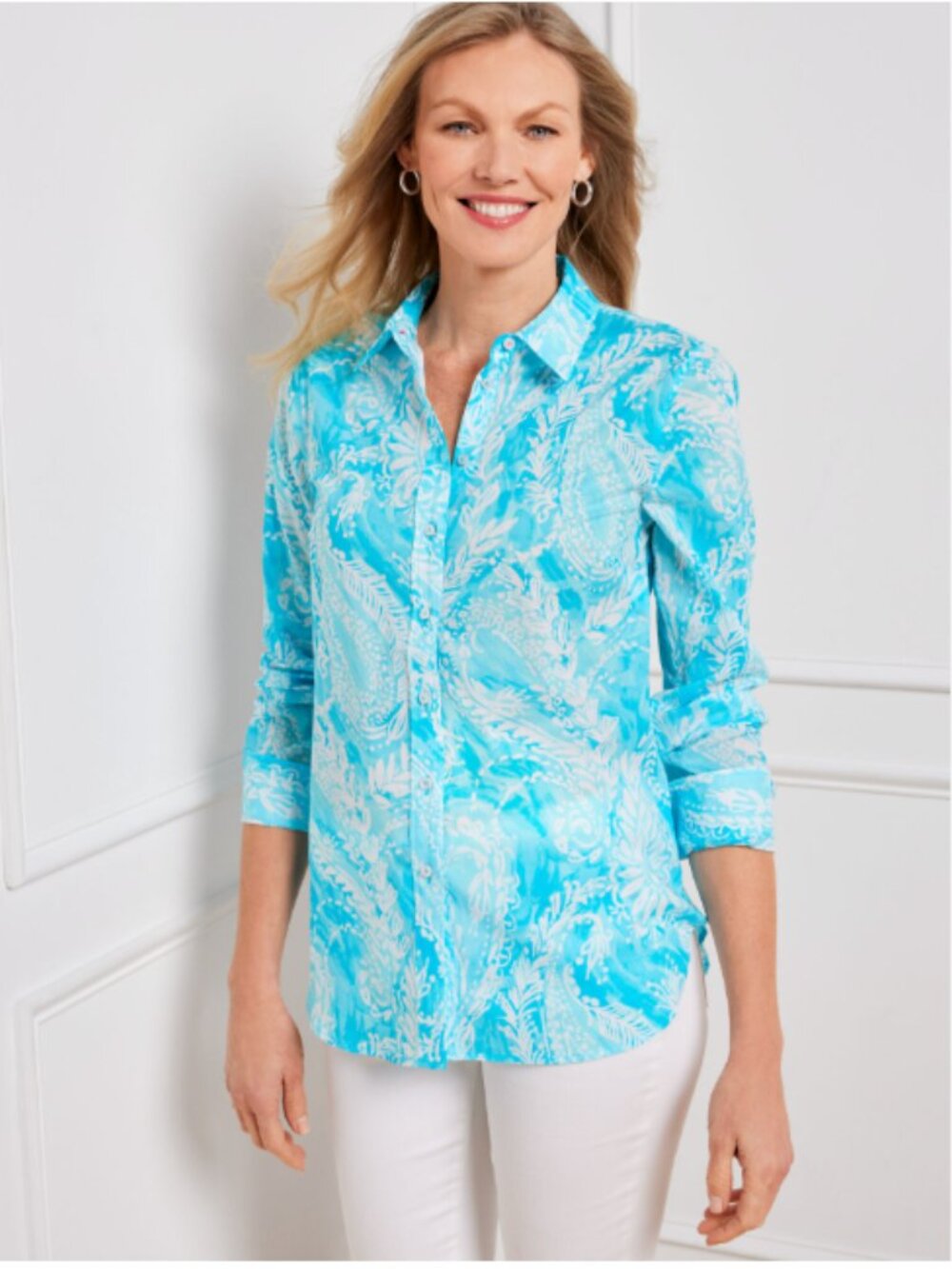 Talbots Blue & White Cotton Summer Turquoise and White Blouse, Size 2X
